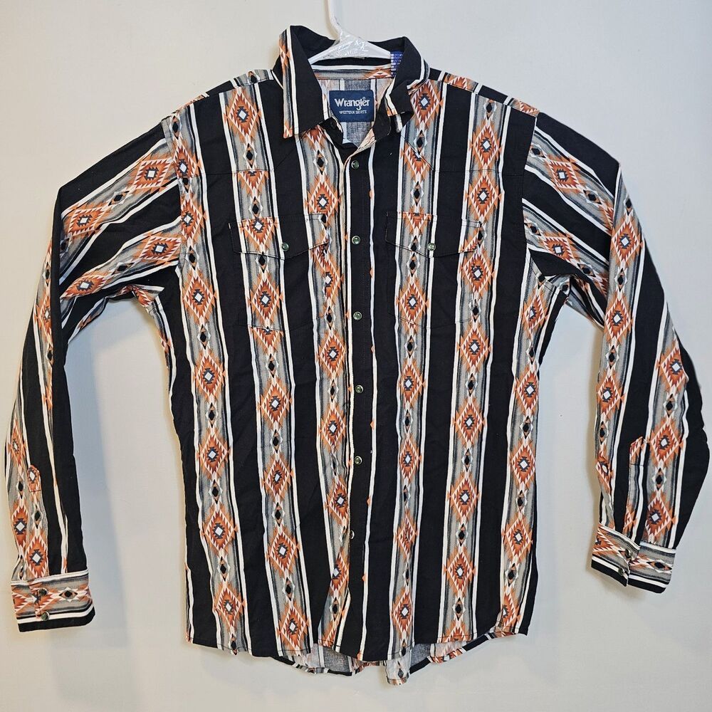 Vintage Wrangler Shirt Boys XXL Black/Orange Aztec Pearl Snap Southwestern Youth